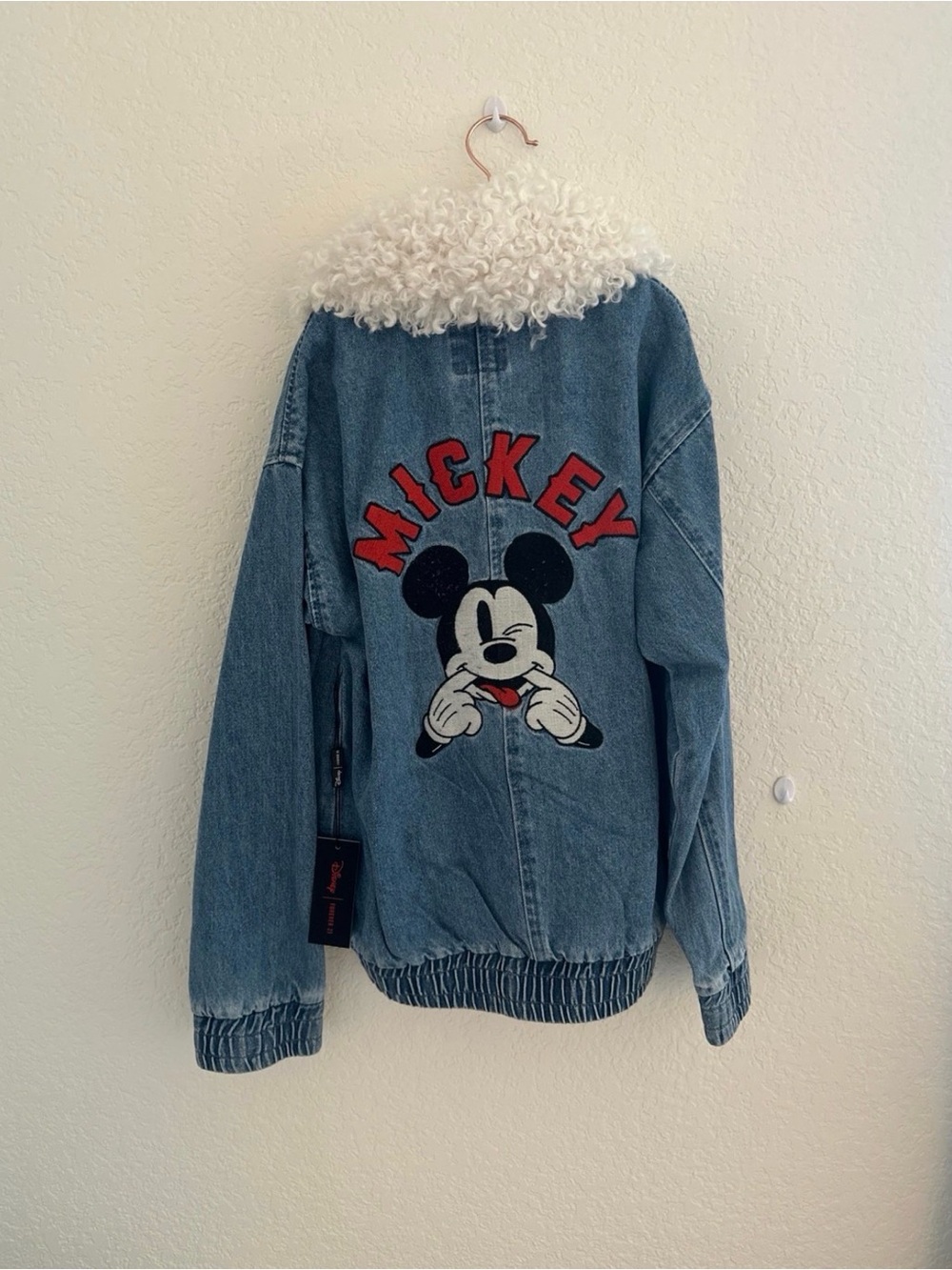 Forever 21 Blue Denim Mickey Jacket with White Faux Shearling Collar